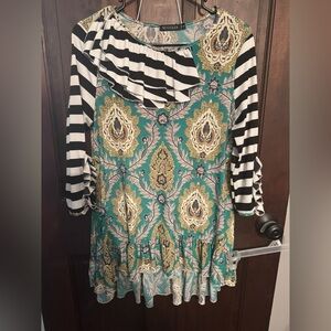 Nuggles Teal and Black Striped Paisley Tunic